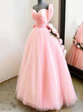Charming Ball Gown Sweetheart Long Prom Dresses, Pink Sweet 16 Dress With Handmade Flowers STF15094