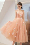 Cute Tea Length A Line Pink Short Prom Dress Sweet 16 Dresses with Hand Made Flower STF15138