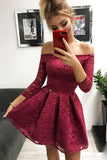 Cute Off the Shoulder Long Sleeves Burgundy Lace Homecoming Dresses Sweet 16 Dresses STF14972