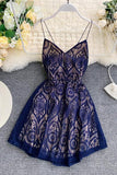A Line Spaghetti Straps Lace V Neck Navy Blue Homecoming Dresses, Sweet 16 Dresses STF15555