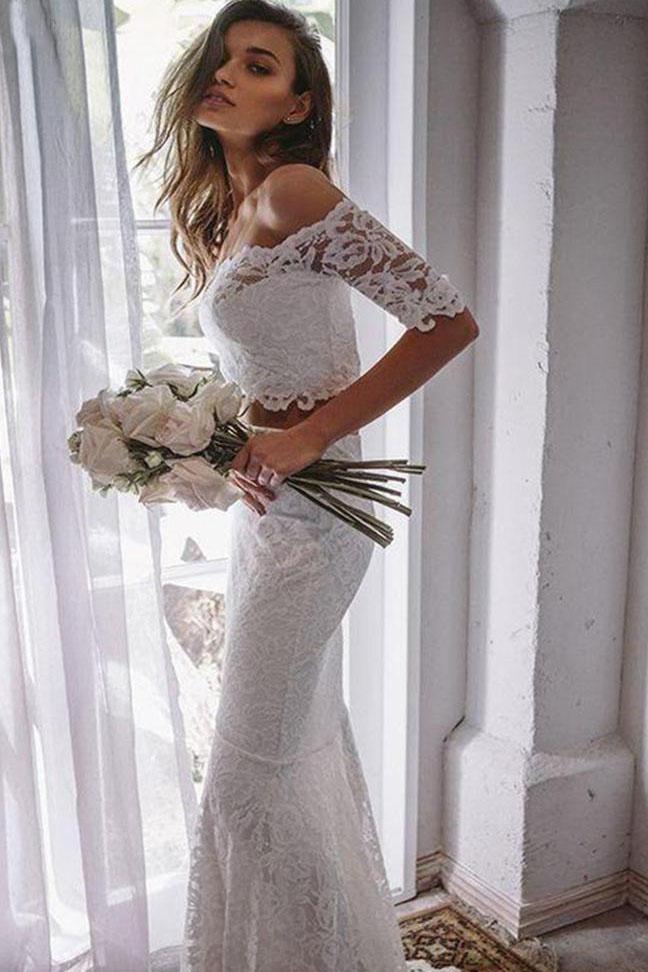 2 Pieces Ivory Lace Mermaid Off the Shoulder Wedding Dresses, Beach Wedding Gowns STF14986