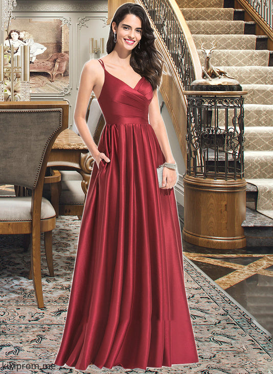 Cadence A-Line V-neck Floor-Length Satin Bridesmaid Dress With Ruffle Pockets STFP0013187