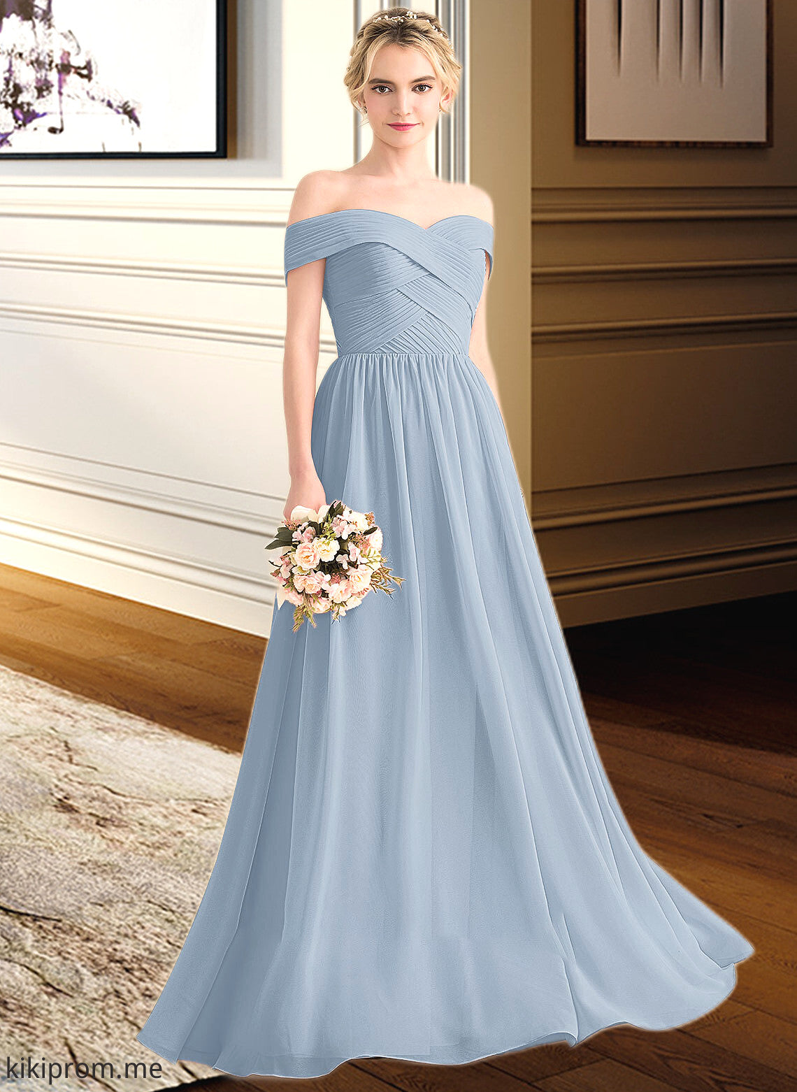 Princess A-Line Off-the-Shoulder Floor-Length Chiffon Bridesmaid Dress With Ruffle STFP0013190