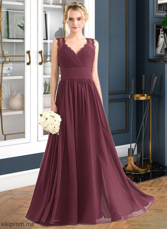 Tessa A-Line V-neck Floor-Length Chiffon Lace Bridesmaid Dress With Ruffle Bow(s) STFP0013191