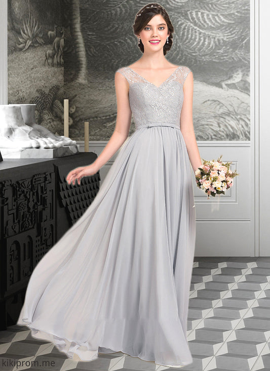 Ayanna A-Line V-neck Floor-Length Chiffon Lace Bridesmaid Dress With Bow(s) STFP0013203