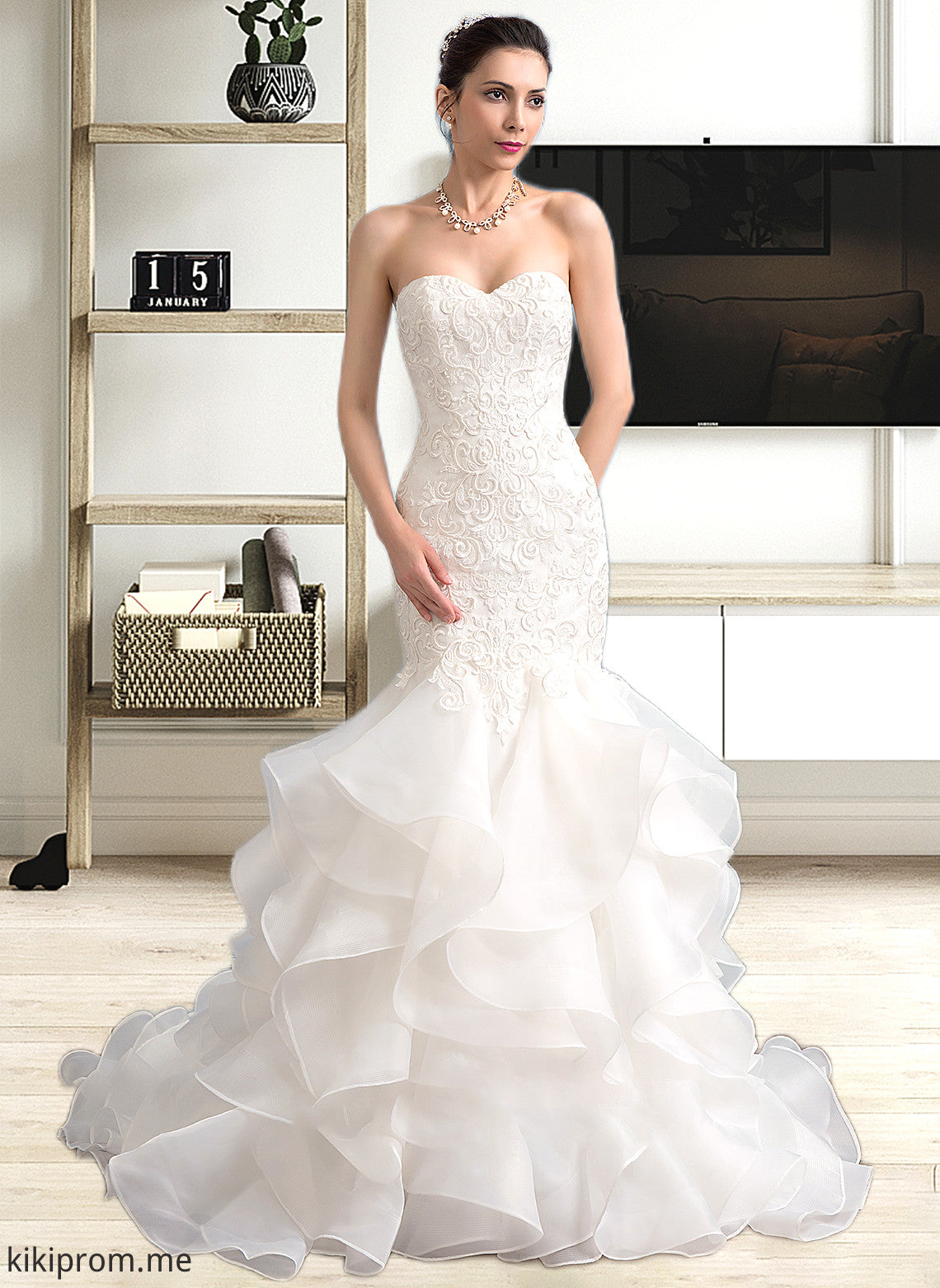 Jacquelyn Trumpet/Mermaid Sweetheart Sweep Train Organza Lace Wedding Dress STFP0013786