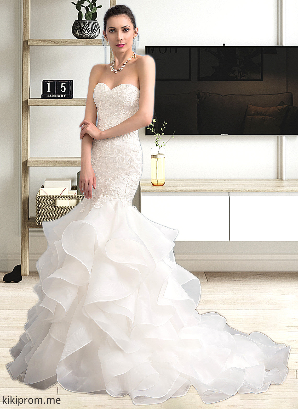 Jacquelyn Trumpet/Mermaid Sweetheart Sweep Train Organza Lace Wedding Dress STFP0013786