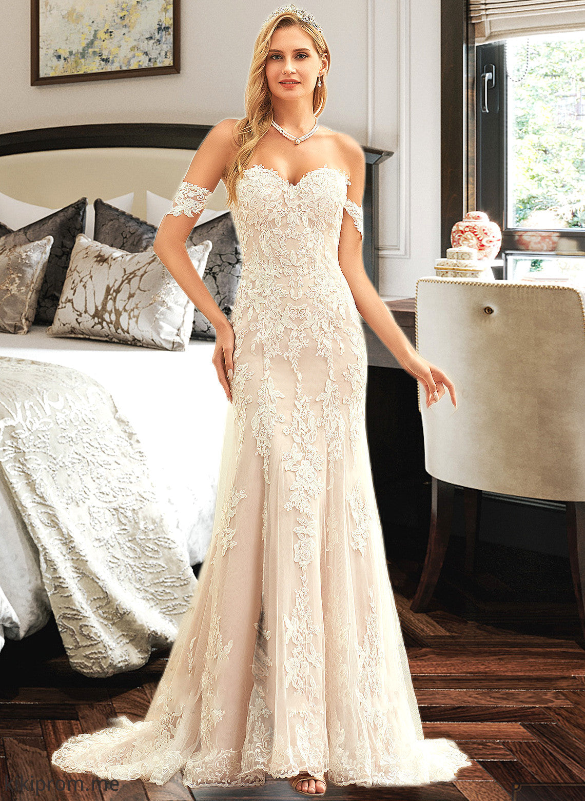 Janey Trumpet/Mermaid Off-the-Shoulder Court Train Tulle Lace Wedding Dress STFP0013789