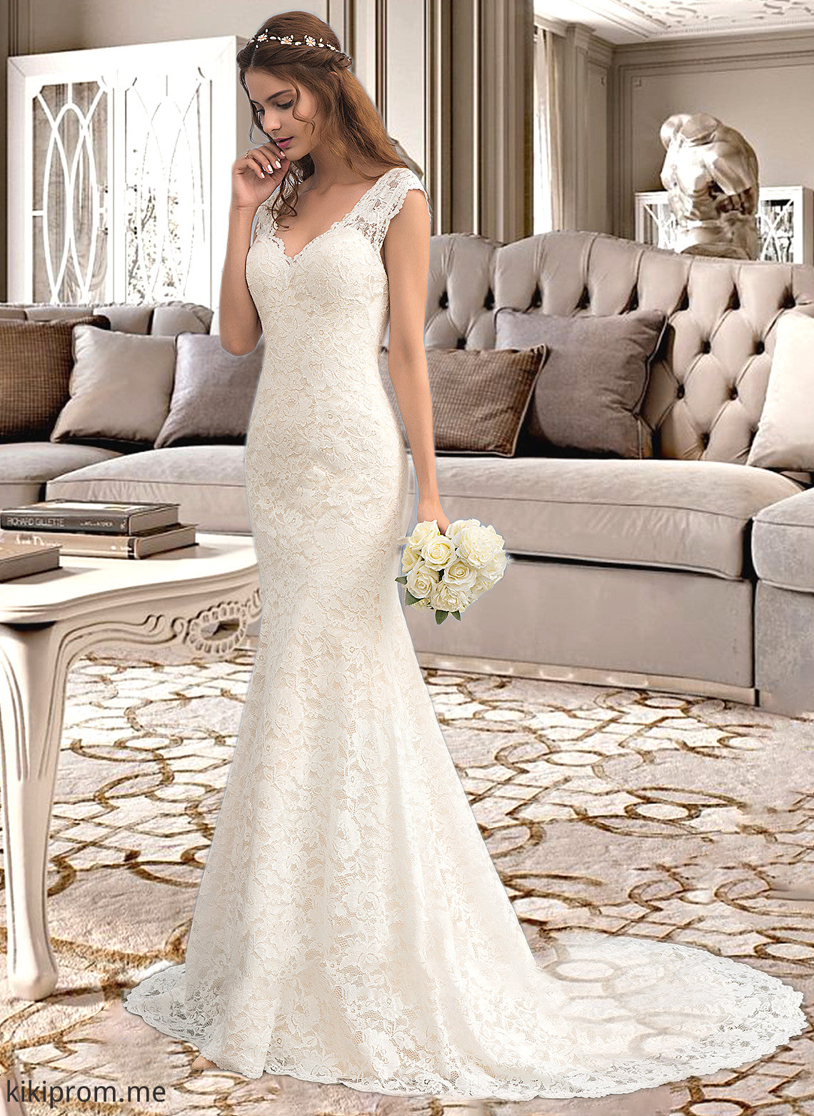 Carlee Trumpet/Mermaid V-neck Court Train Lace Wedding Dress STFP0013804