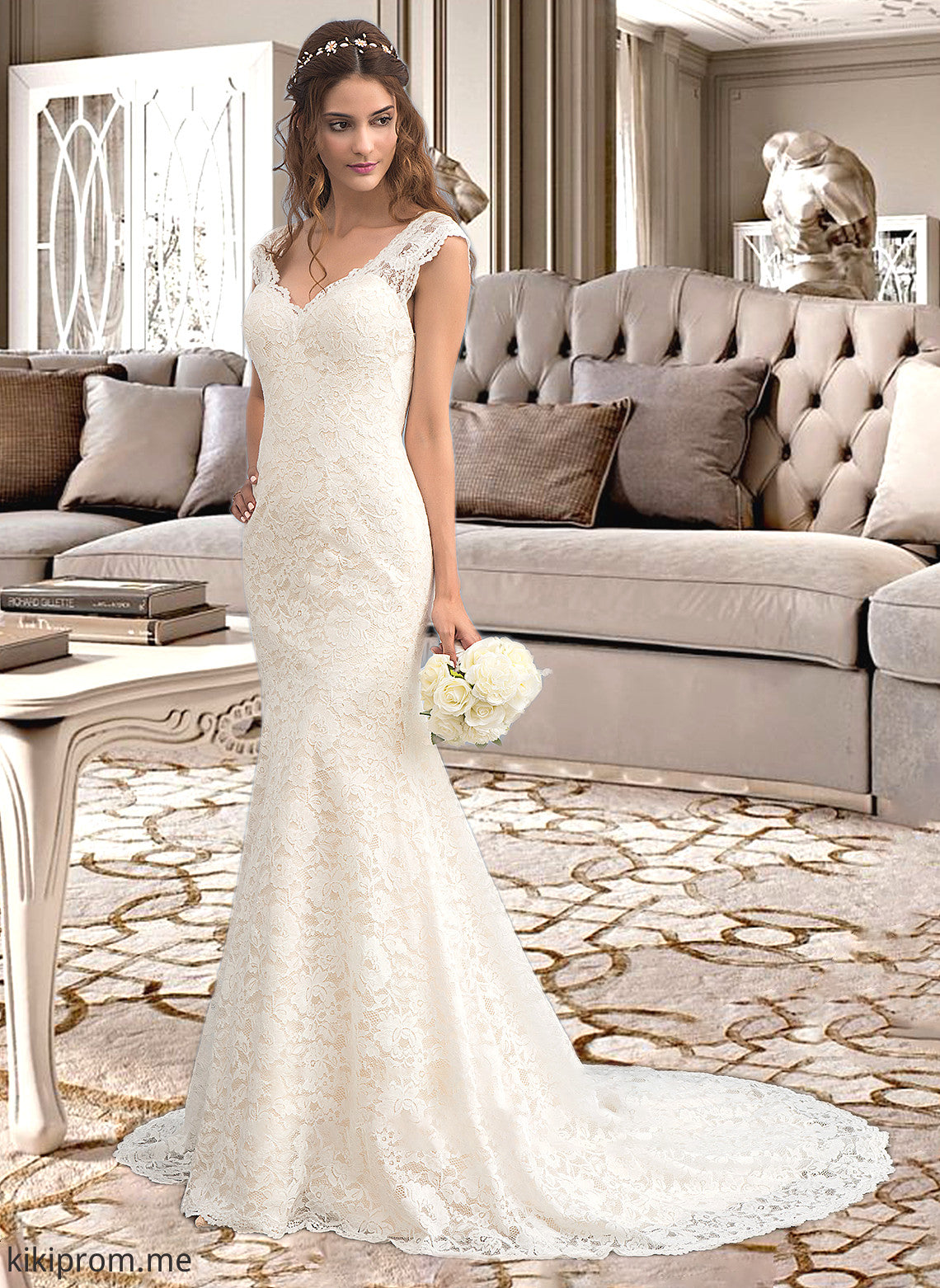 Carlee Trumpet/Mermaid V-neck Court Train Lace Wedding Dress STFP0013804