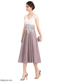 Mikaela A-Line V-neck Tea-Length Chiffon Lace Mother of the Bride Dress STF126P0014588