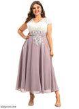 Mikaela A-Line V-neck Tea-Length Chiffon Lace Mother of the Bride Dress STF126P0014588