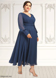 Mireya A-Line V-neck Tea-Length Chiffon Mother of the Bride Dress With Ruffle STF126P0014669