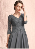 Miracle A-line V-Neck Tea-Length Chiffon Lace Mother of the Bride Dress With Beading Sequins STF126P0014702