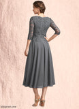 Miracle A-line V-Neck Tea-Length Chiffon Lace Mother of the Bride Dress With Beading Sequins STF126P0014702