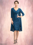 Zara Sheath/Column V-neck Knee-Length Chiffon Lace Mother of the Bride Dress With Crystal Brooch STF126P0014972