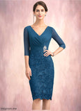 Zara Sheath/Column V-neck Knee-Length Chiffon Lace Mother of the Bride Dress With Crystal Brooch STF126P0014972