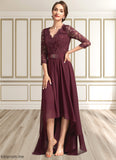 Kitty A-Line V-neck Asymmetrical Chiffon Lace Mother of the Bride Dress With Beading Sequins STF126P0014980