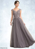 Charity A-Line/Princess V-neck Floor-Length Tulle Lace Mother of the Bride Dress With Sequins STF126P0014985