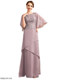 Violet A-Line Scoop Neck Floor-Length Chiffon Lace Mother of the Bride Dress With Sequins Cascading Ruffles STF126P0014991