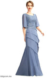 Serenity A-Line Scoop Neck Floor-Length Chiffon Lace Mother of the Bride Dress With Sequins Cascading Ruffles STF126P0014997