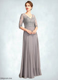 Katherine A-Line V-neck Floor-Length Chiffon Lace Mother of the Bride Dress With Sequins STF126P0014999