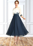 Camille A-Line Scoop Neck Tea-Length Chiffon Lace Mother of the Bride Dress STF126P0015002