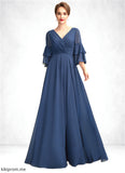 Ashanti A-Line V-neck Floor-Length Chiffon Mother of the Bride Dress With Cascading Ruffles STF126P0015003