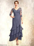 Leslie Trumpet/Mermaid V-neck Asymmetrical Chiffon Lace Mother of the Bride Dress With Sequins Cascading Ruffles STF126P0015007
