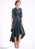 Aurora A-Line V-neck Asymmetrical Satin Lace Mother of the Bride Dress With Sequins Pockets STF126P0015008