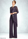 Grace Jumpsuit/Pantsuit Scoop Neck Floor-Length Chiffon Lace Mother of the Bride Dress With Sequins STF126P0015010