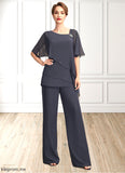 Eileen Jumpsuit/Pantsuit V-neck Floor-Length Chiffon Mother of the Bride Dress With Beading Sequins Cascading Ruffles STF126P0015011