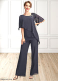 Eileen Jumpsuit/Pantsuit V-neck Floor-Length Chiffon Mother of the Bride Dress With Beading Sequins Cascading Ruffles STF126P0015011