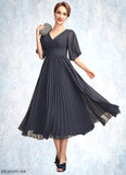 Kassandra A-Line V-neck Tea-Length Chiffon Mother of the Bride Dress With Pleated STF126P0015012