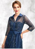 Giada A-Line V-neck Tea-Length Chiffon Lace Mother of the Bride Dress With Sequins Bow(s) STF126P0015017
