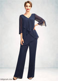 Morgan Jumpsuit/Pantsuit V-neck Floor-Length Chiffon Mother of the Bride Dress With Cascading Ruffles STF126P0015019