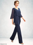 Morgan Jumpsuit/Pantsuit V-neck Floor-Length Chiffon Mother of the Bride Dress With Cascading Ruffles STF126P0015019
