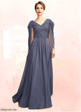 Adelaide A-Line V-neck Floor-Length Chiffon Lace Mother of the Bride Dress With Beading Sequins STF126P0015022