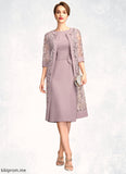 Olive Sheath/Column Scoop Neck Knee-Length Chiffon Mother of the Bride Dress With Ruffle Sequins STF126P0015023