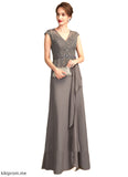 LuLu A-Line V-neck Floor-Length Chiffon Lace Mother of the Bride Dress With Beading Sequins Cascading Ruffles STF126P0015030
