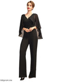 Lesley Jumpsuit/Pantsuit V-neck Floor-Length Chiffon Mother of the Bride Dress With Ruffle Beading Appliques Lace Sequins STF126P0015033