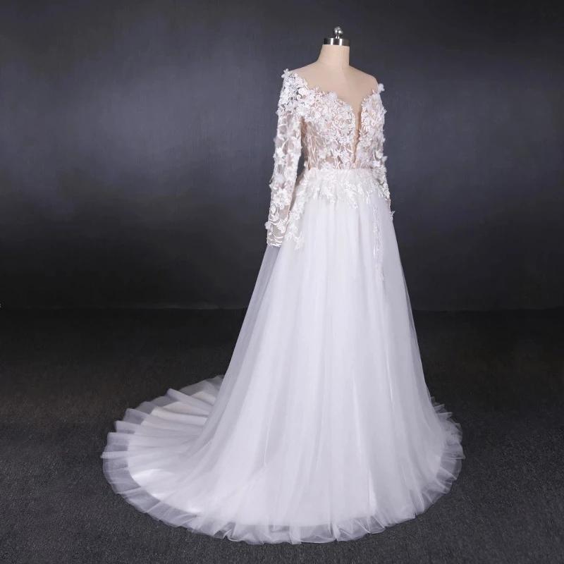 Long Sleeves White A-line Tulle Beach Wedding Dresses with Lace Appliques, Bridal Dress STF15255