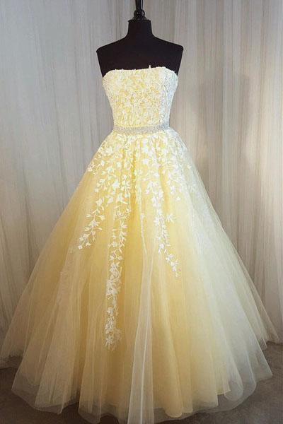 A Line Yellow Strapless Tulle Lace Appliques Prom Dresses, Party STF15617