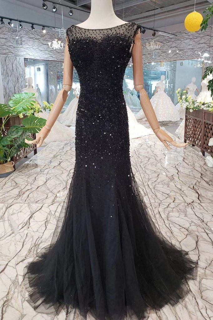 Mermaid Black Sequins Tulle Bodice Prom Dresses with Straps Long Evening Formal Dress