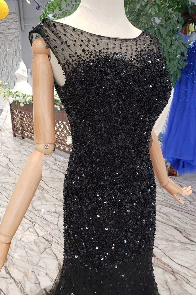 Mermaid Black Sequins Tulle Bodice Prom Dresses with Straps Long Evening Formal Dress