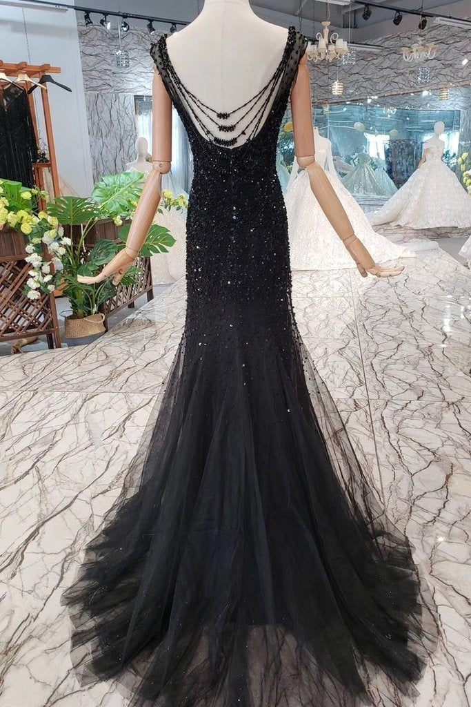 Mermaid Black Sequins Tulle Bodice Prom Dresses with Straps Long Evening Formal Dress