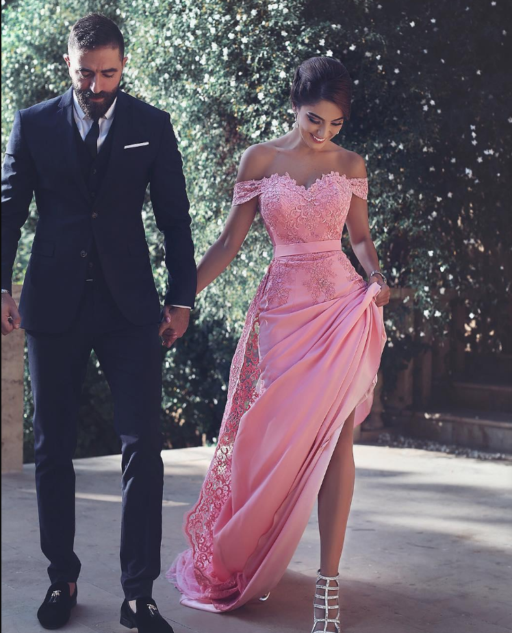 Pink Sheath Off-the-Shoulder Sweep Train Prom Dress with Lace Sash Ruffles