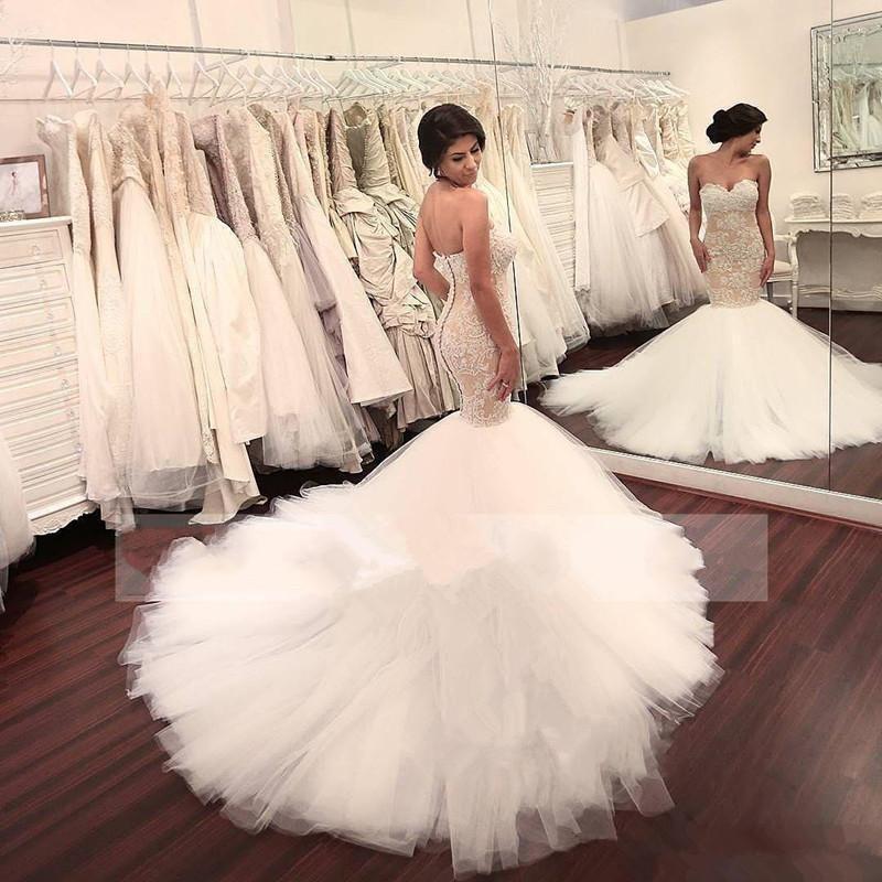 Stunning Mermaid Strapless Sweetheart Tulle Wedding Dresses with Appliques, Wedding Gowns STF15439