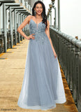 Reyna A-line V-Neck Floor-Length Tulle Prom Dresses With Appliques Lace Sequins STFP0022223