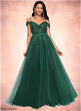 Erin A-line Off the Shoulder Floor-Length Tulle Prom Dresses With Appliques Lace Sequins STFP0022231